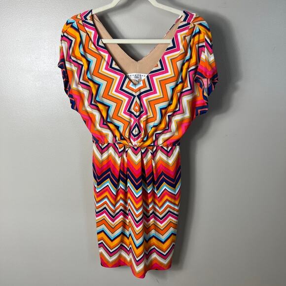 Women's Trina Turk Double V Neck Geometric Colorful Print Dress Size 0 - Picture 2 of 8